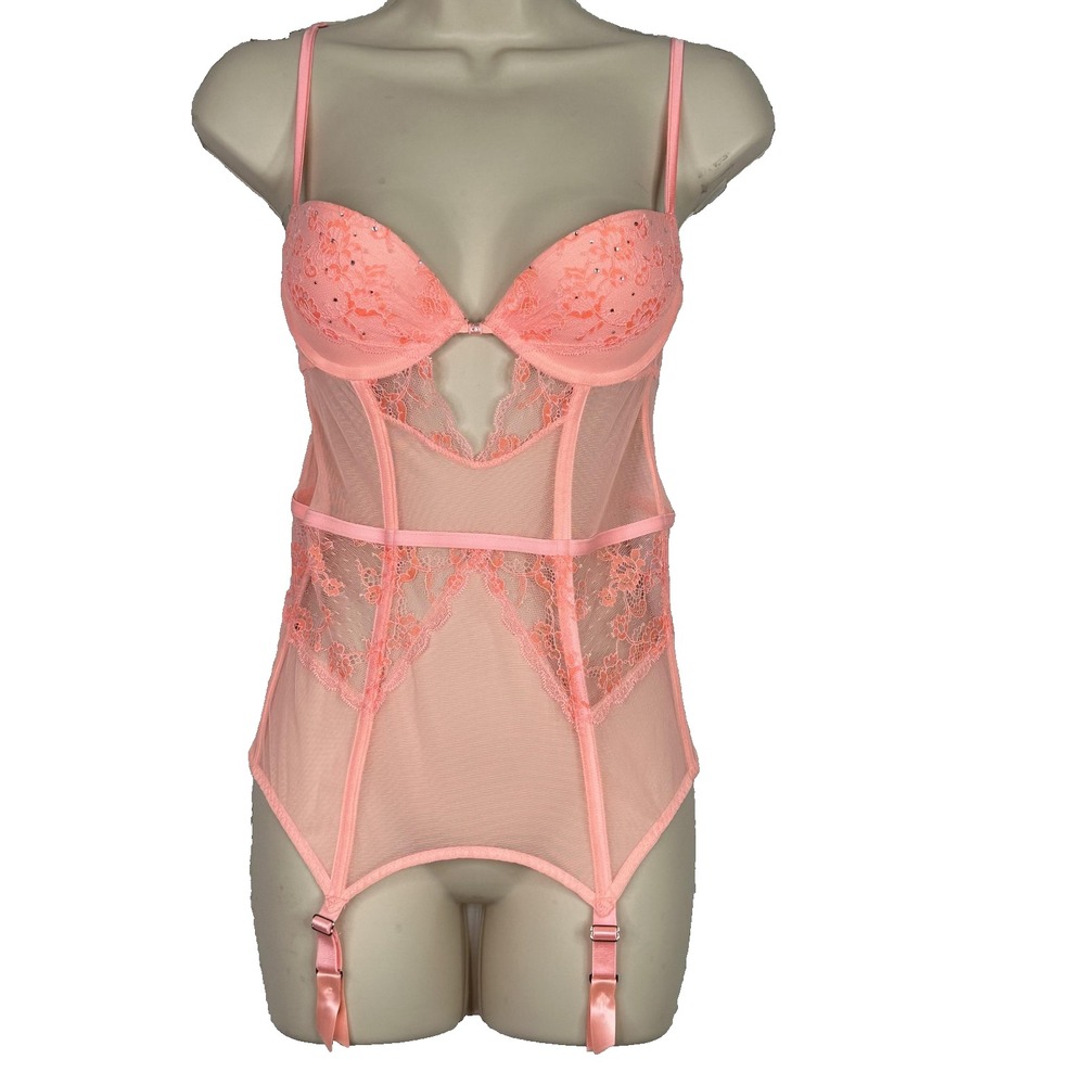 Victoria's Secret Bustier Corset 34B Pink Lace Mesh Garter Lingerie NWT